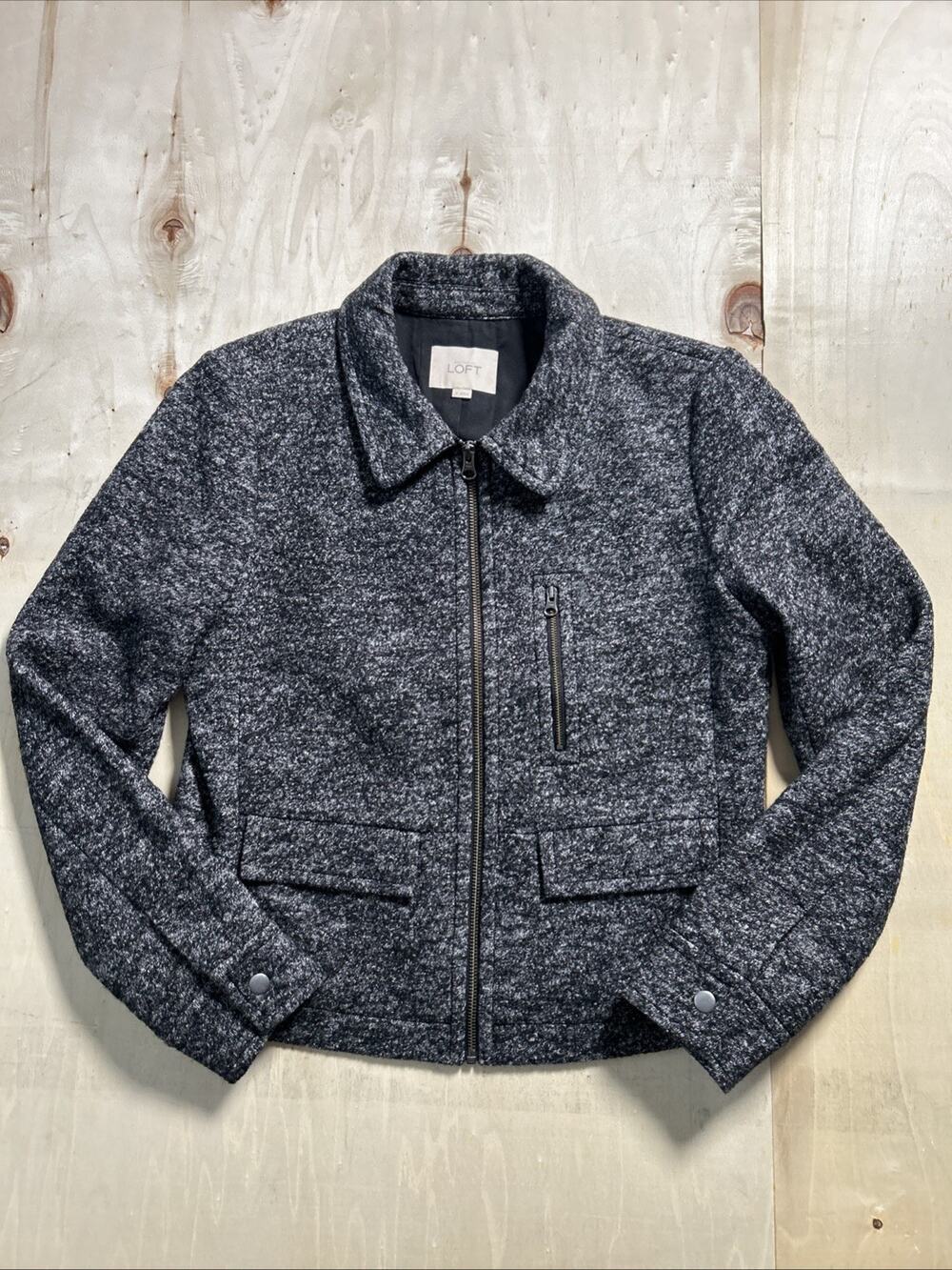 LOFT Wool Blend Tweed Moto Jacket Women's Sz M Gray Black Full Zip